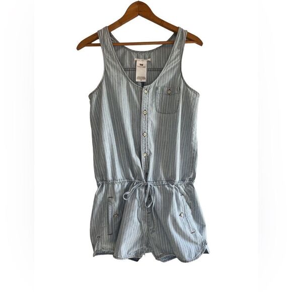 Levi’s blue conductor pinstripe 100% cotton denim romper - Picture 2 of 7